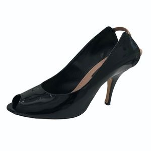 MARC JACOBS BLACK PATENT LEATHER PEEP TOE OPEN BEIGE HEEL STILETTOS HEELS